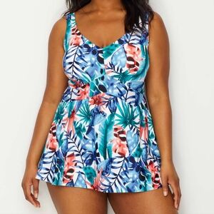 Maxine Of Hollywood One Piece Skirt Bathing Suit Beach Tropical Floral Swimsuit